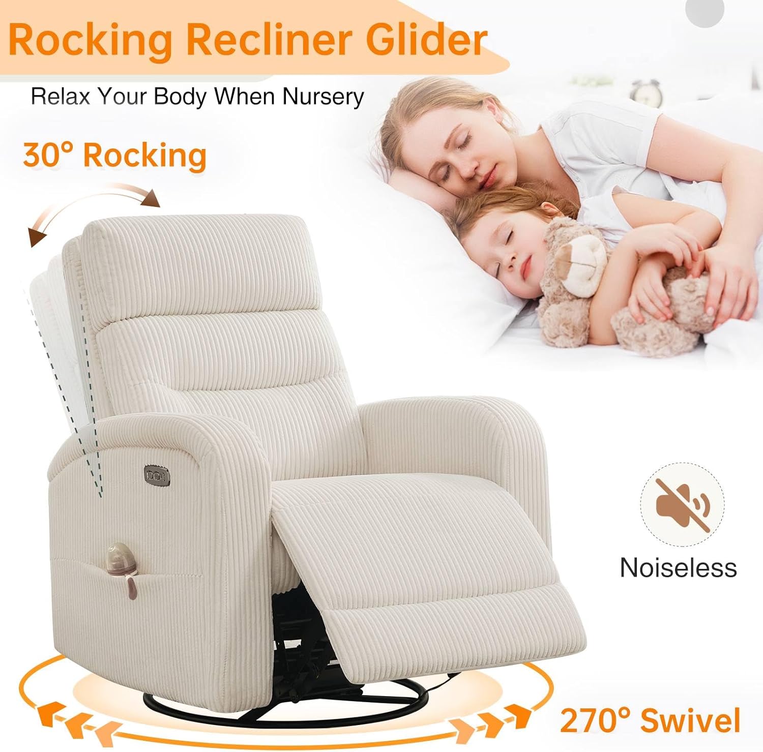 Power Swivel Rocker Recliner Chair for Nursery, Swivel Reclining Rocking Chairs, Electric Swivel Recliner Glider Nursery for Living Room, Upholstered Recliner Chairs for Bedroom, Corduroy White