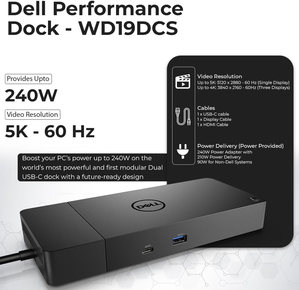 WD19DCS Dell Docking Station Dual Monitor - 4K Display  1 Year Warranty  USB-C Performance Dock with 240W Adapter  Anyhdd HDMI  DisplayPort  USB-C Cables & Cloth (New)