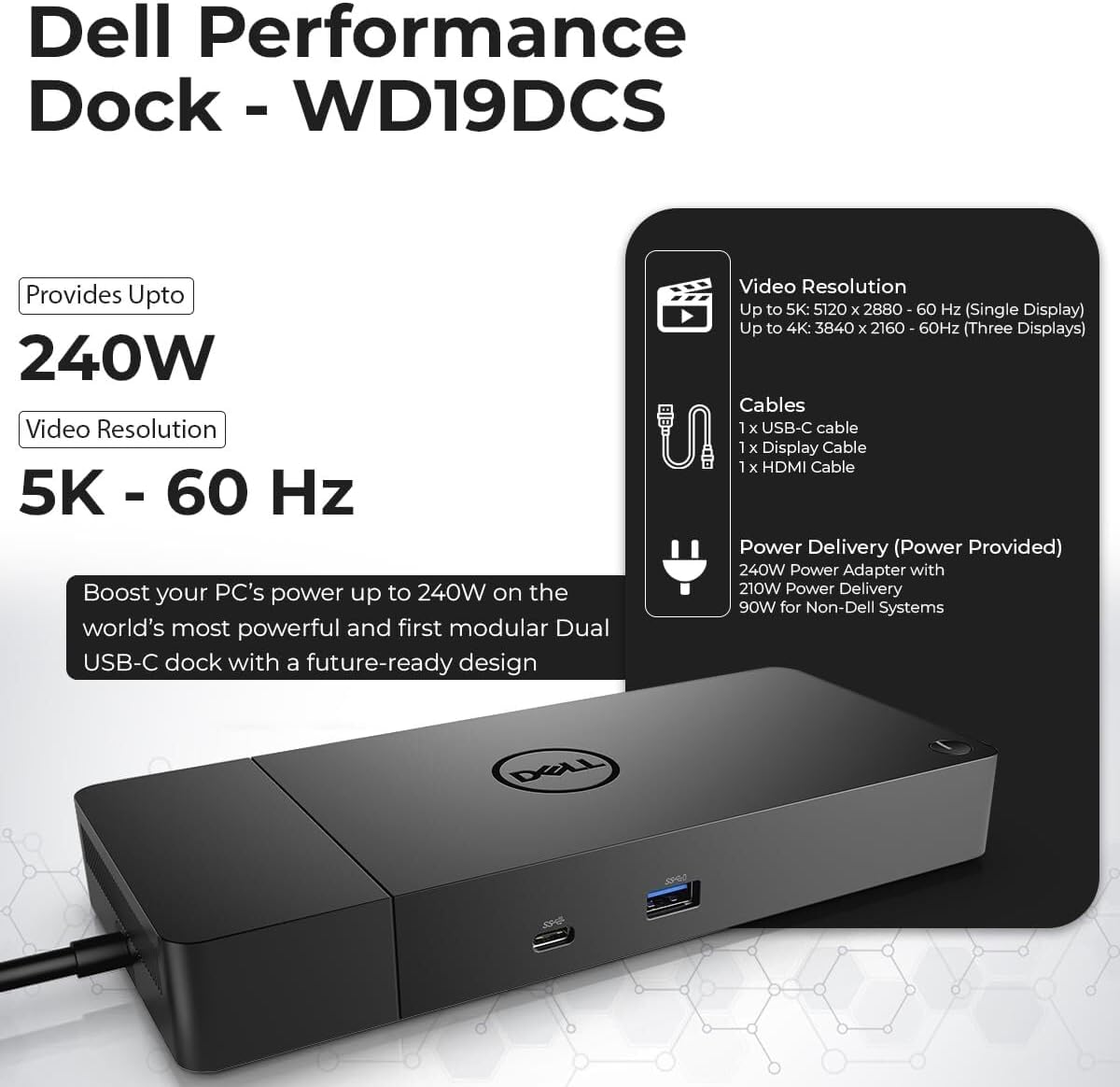 WD19DCS Dell Docking Station Dual Monitor - 4K Display  1 Year Warranty  USB-C Performance Dock with 240W Adapter  Anyhdd HDMI  DisplayPort  USB-C Cables & Cloth (New)