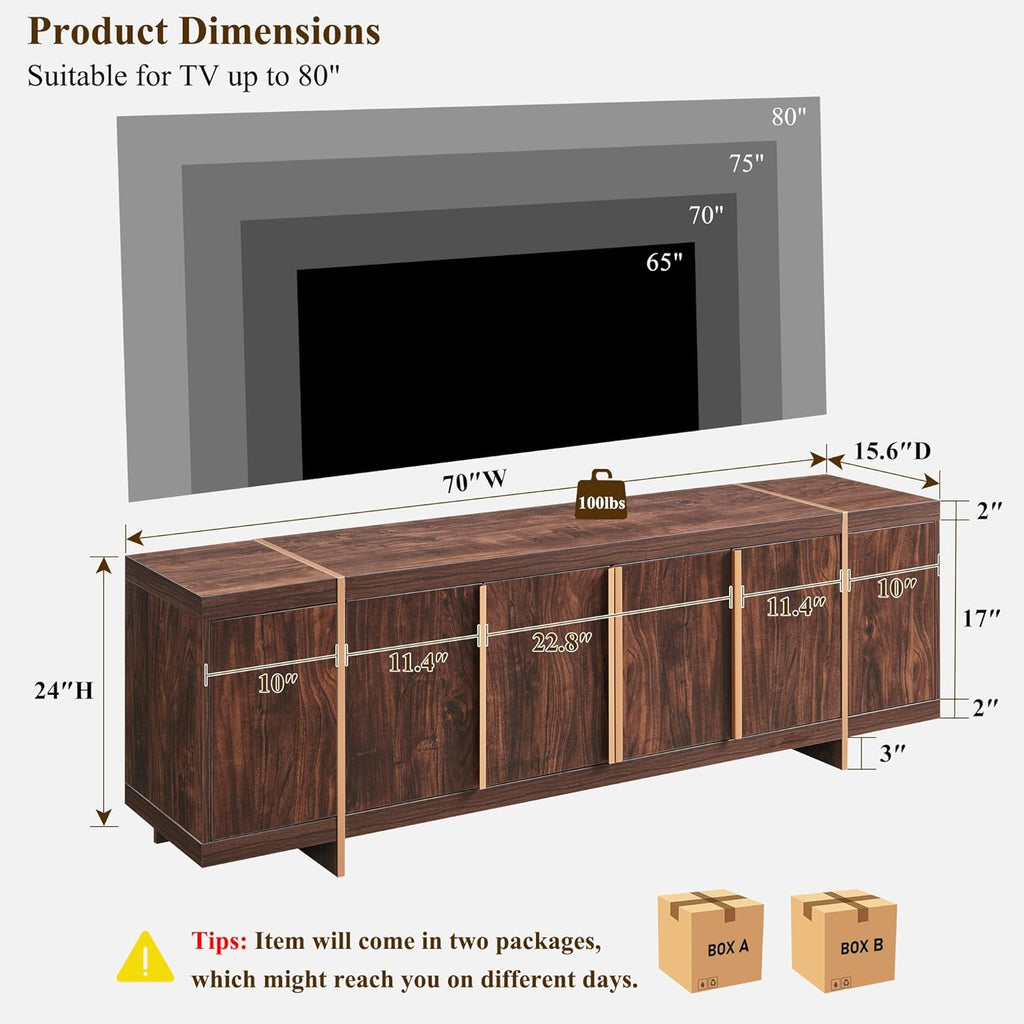OKD Modern 70" TV Stand,Entertainment Center for TVs Up to 80",TV Console with Storage,Integrated Plinth,Handle-Free Hidden Doors Design,Media Console for Living Room,Bedroom(Dark Walnut)