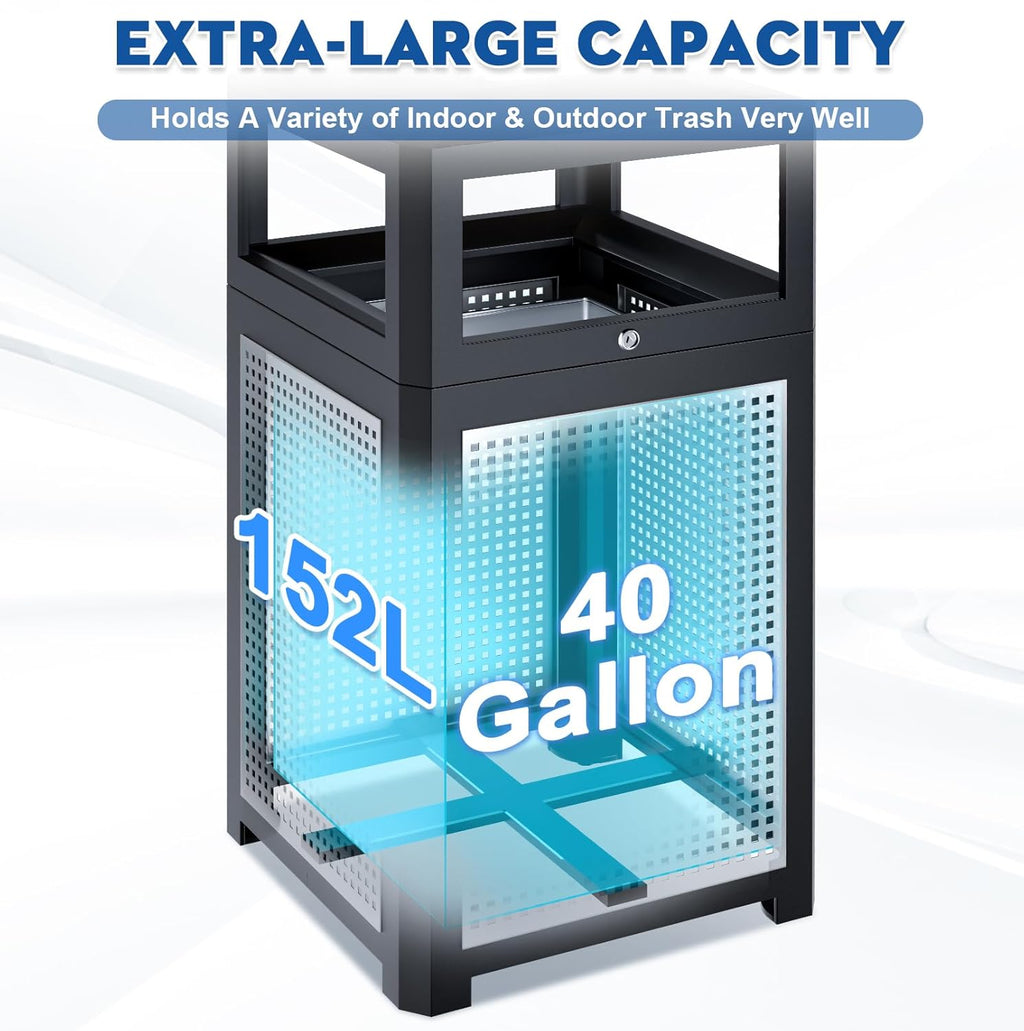 Outdoor Trash Can Commercial 40 Gallon, Heavy Duty Large Metal Slatted Garbage Can with Metal Liner for All Weather Resistant, Garbage Bin Waste Receptacle for Parks, Streets, Public Spaces