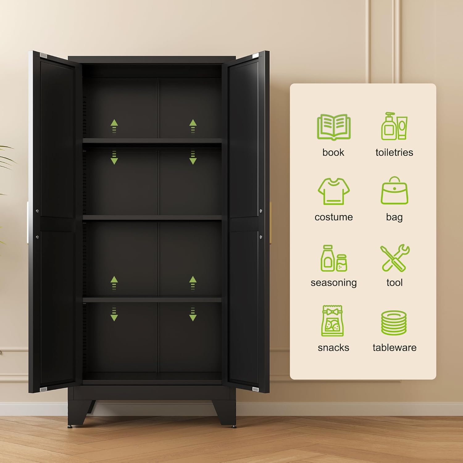 61" Tall Farmhouse Metal Pantry Cabinet, Kitchen Pantry Storage Cabinets with 2 Barn Door and Adjustable Shelves,Metal Pantry Storage Cabinet,for Kitchen,Laundry Room,Home Office,Kids Room (Black)