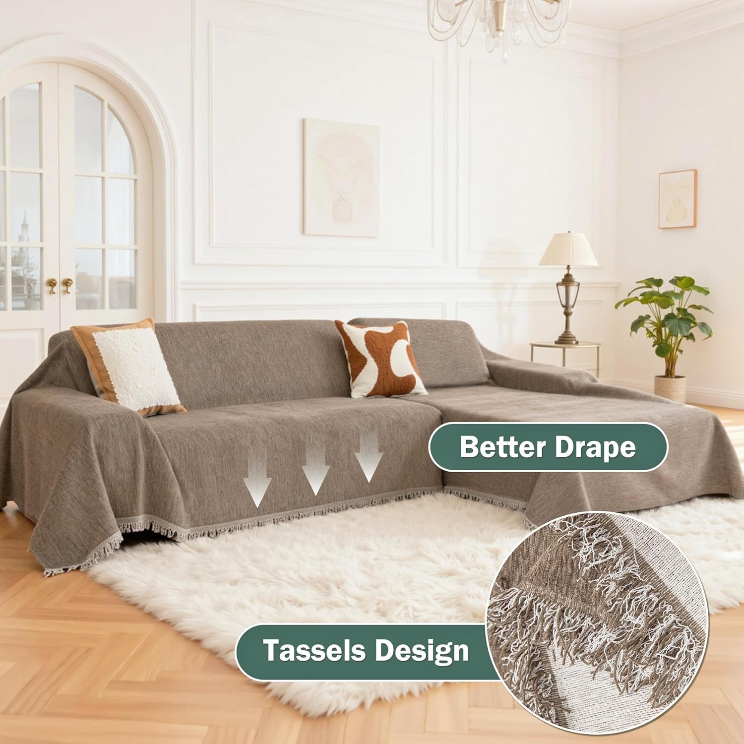 MEETSKY Couch Covers for Sectional Sofa, Chenille Couch Covers for L Shape Sofa Cover Washable, 2 Pieces Sofa Slipcover for 3-4 Cushion Couch, Furniture Protector (XX-Large, 71"x118"+91"x134", Sand)