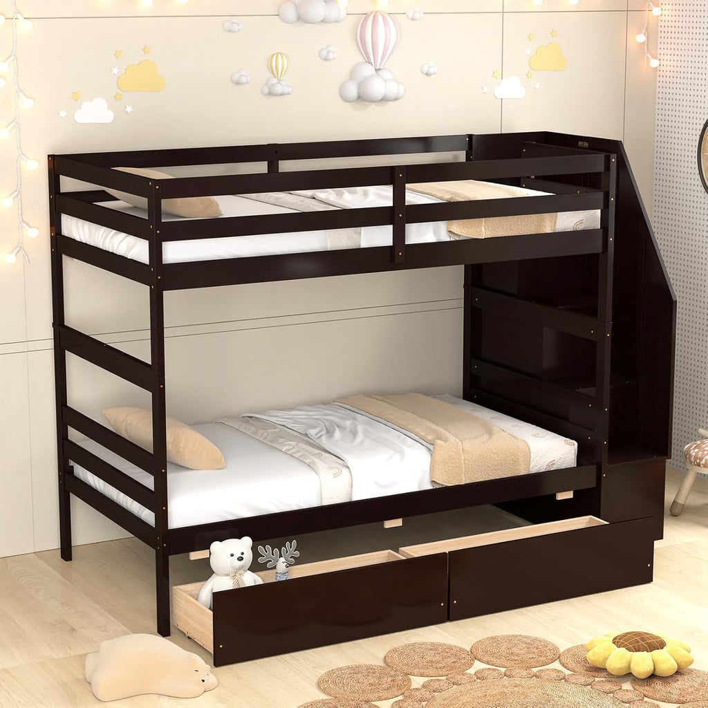 KOMFOTT Wood Twin Over Twin Bunk Bed with Storage Drawers & Stairs, Bunk Beds with Bookcase & Safety Guardrail, Solid Wood Slatted Bunk Bed for Kids Teens Adults, No Box Spring Needed (Espresso)