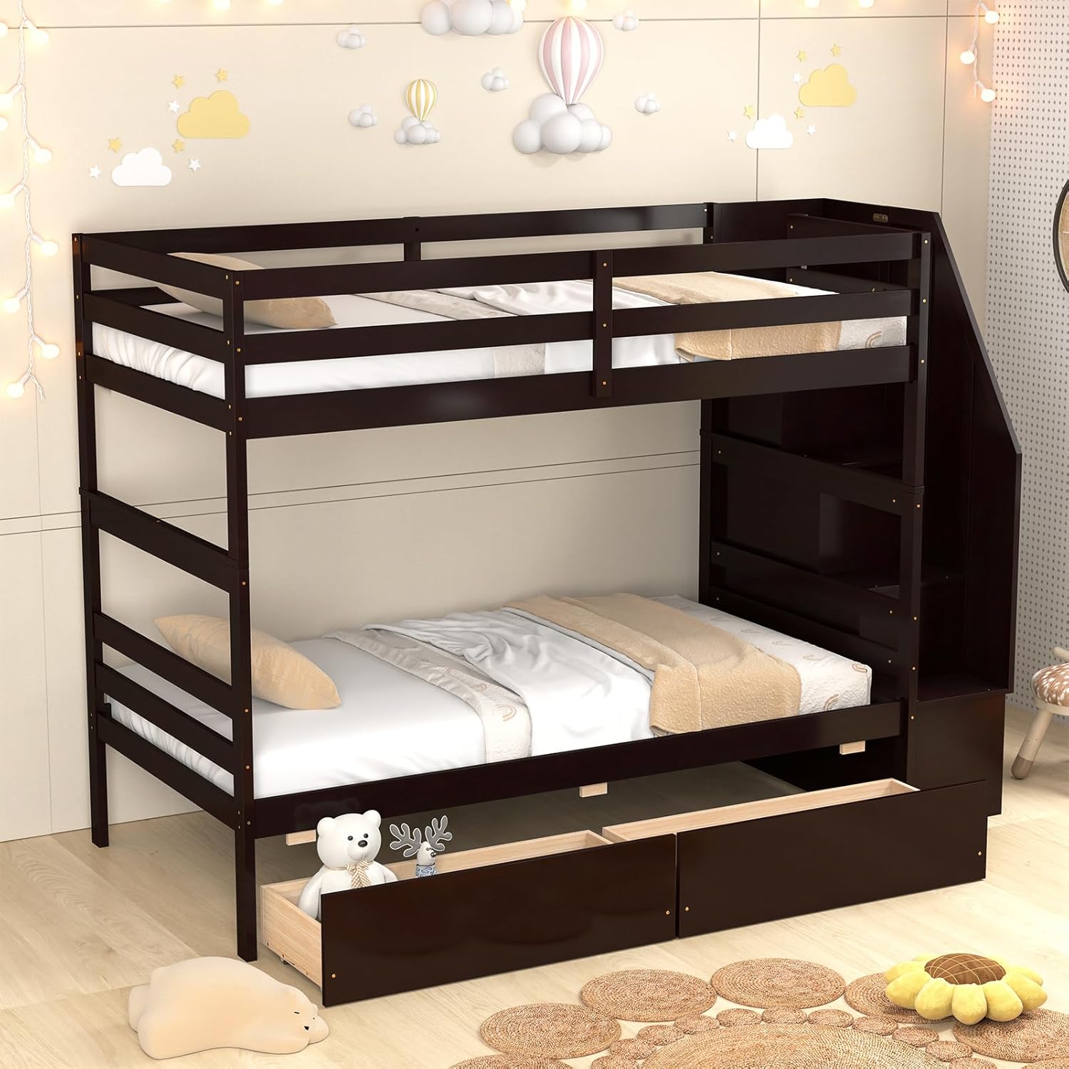 KOMFOTT Wood Twin Over Twin Bunk Bed with Storage Drawers & Stairs, Bunk Beds with Bookcase & Safety Guardrail, Solid Wood Slatted Bunk Bed for Kids Teens Adults, No Box Spring Needed (Espresso)