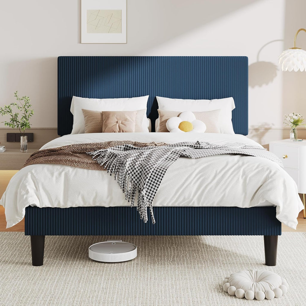 Allewie Queen Size Upholstered Bed Frame with Vertical Channel Tufted Headboard, Soft Corduroy Fabric Platform Bed, Strong Wooden Slats Support, Easy Assembly, No Box Spring Needed, Dark Blue