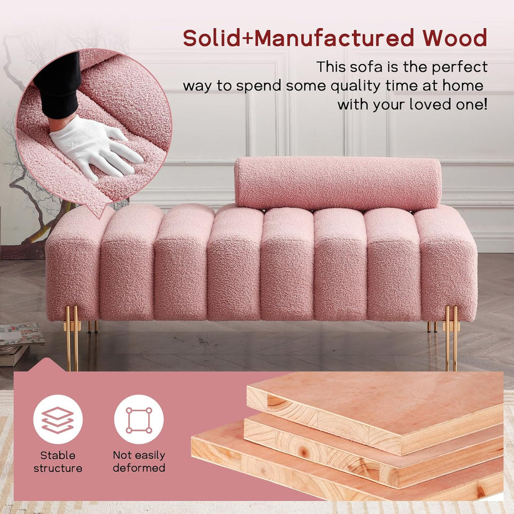 NIOIIKIT 53.2" Modern Loveseat Sofa Couch, Upholstered Accent Sofa with Golden Legs and Adjustable Backrest, Small Teddy Fleece Couches for Bedroom, Living Room, Compact Small Space (Pink Teddy)