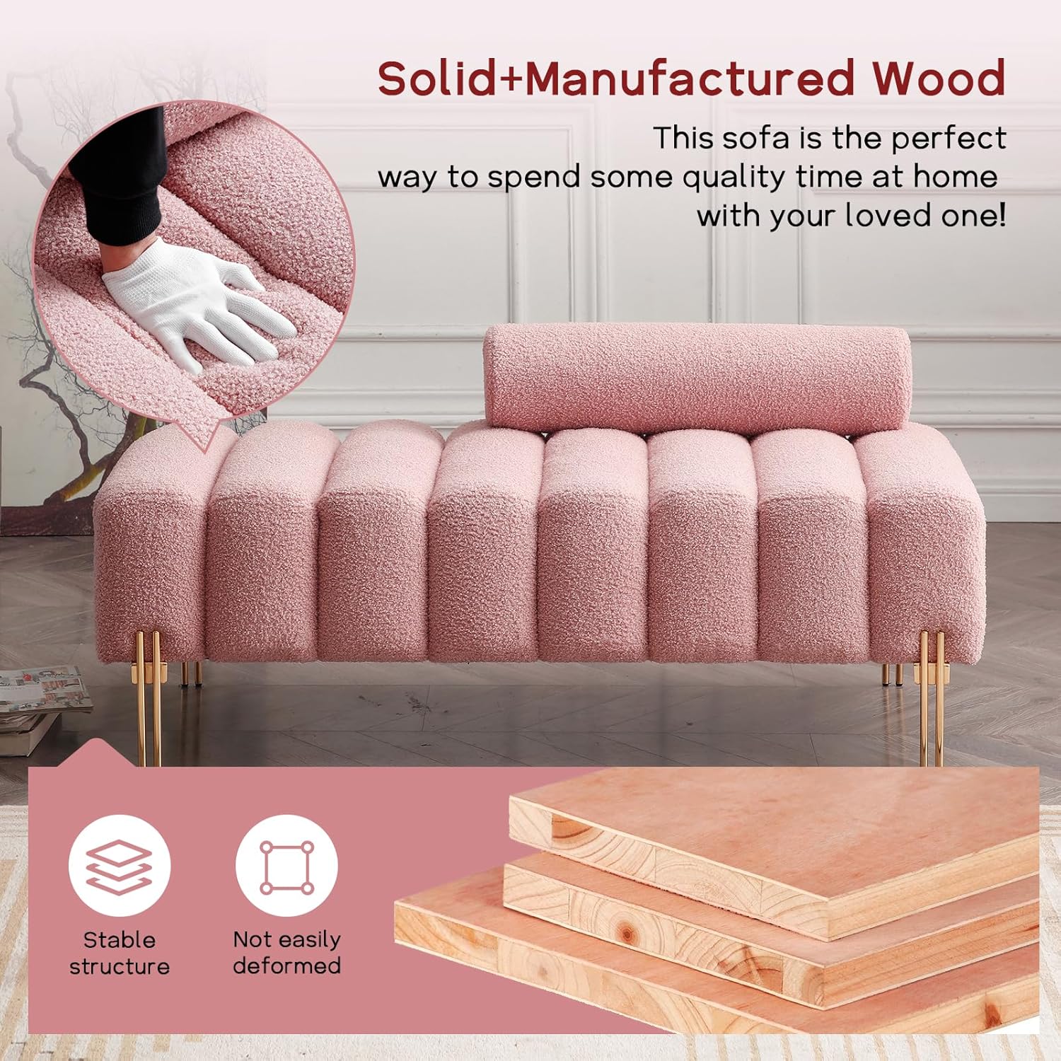 NIOIIKIT 53.2" Modern Loveseat Sofa Couch, Upholstered Accent Sofa with Golden Legs and Adjustable Backrest, Small Teddy Fleece Couches for Bedroom, Living Room, Compact Small Space (Pink Teddy)