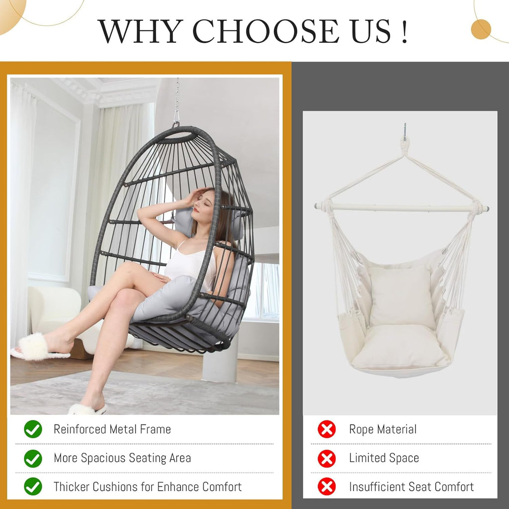 BULEXYARD Hanging Egg Chair Without Stand, 350 Lbs Foldable Wicker Rattan Swing Chair with Comfy Cushion, Outdoor Relaxing Hammock for Bedroom Patio Backyard Balcony Ceiling Tree Mount, Light Grey