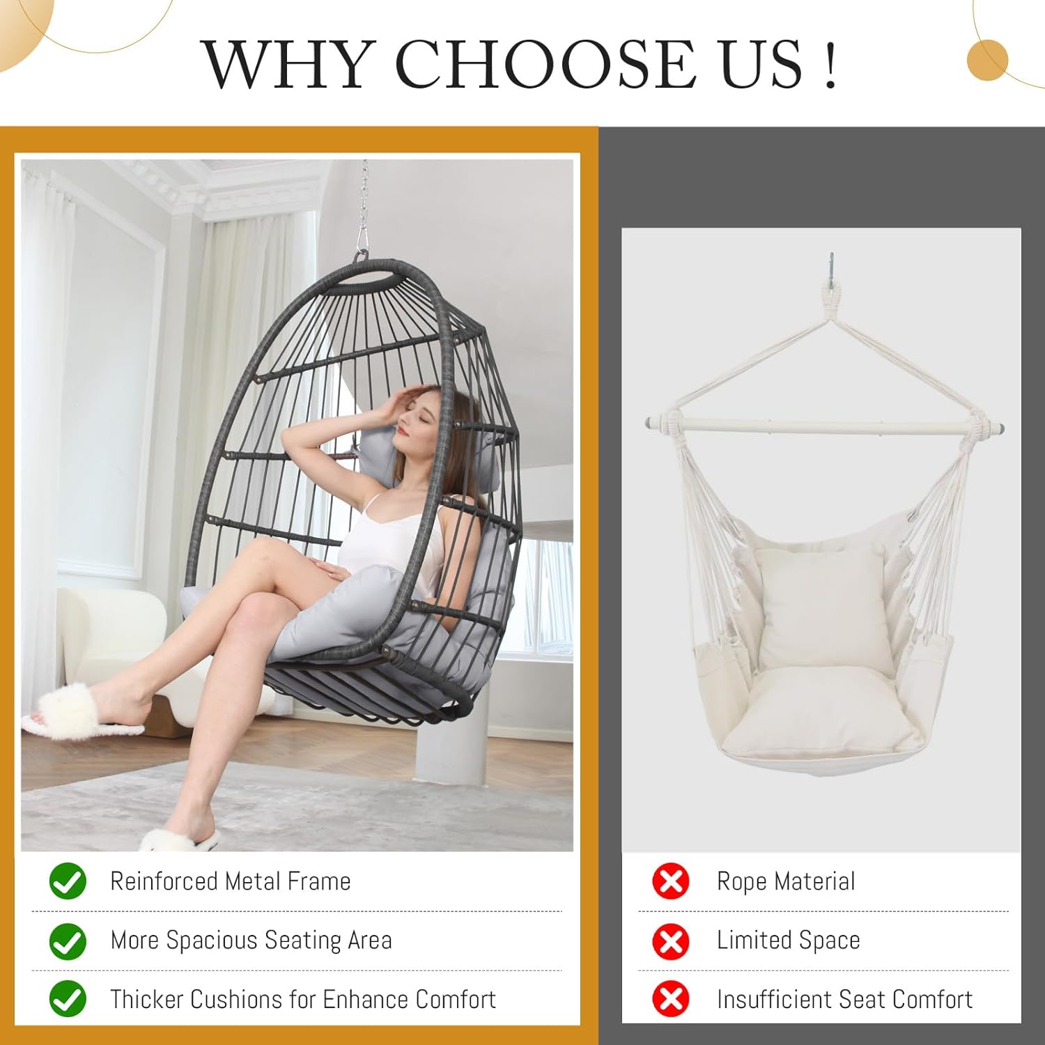 BULEXYARD Hanging Egg Chair Without Stand, 350 Lbs Foldable Wicker Rattan Swing Chair with Comfy Cushion, Outdoor Relaxing Hammock for Bedroom Patio Backyard Balcony Ceiling Tree Mount, Light Grey