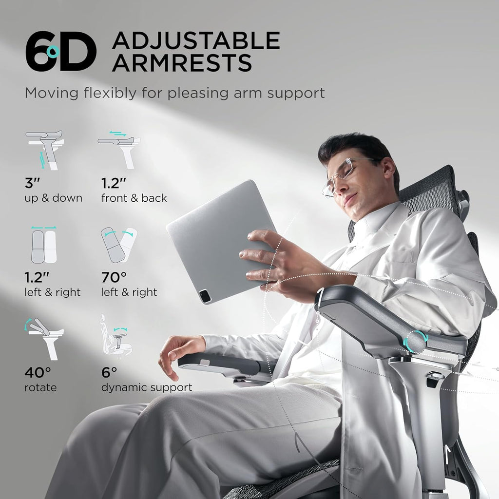 Hbada E3 Pro Ergonomic Office Chair, Big and Tall Office Chairs - with 3-Zone Dynamic Lumbar Support, 4D Adjustable Headrest, 6D Adjustable Armrests, Swivel, Grey