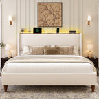 LARMACE King Size Bed Frame with LED Lights and Charging Station Linen Upholstered Platform Bed Frame with 51.2" Tall Wingback Headboard and Storage Shelf, No Box Spring Needed, Easy Assembly, Beige