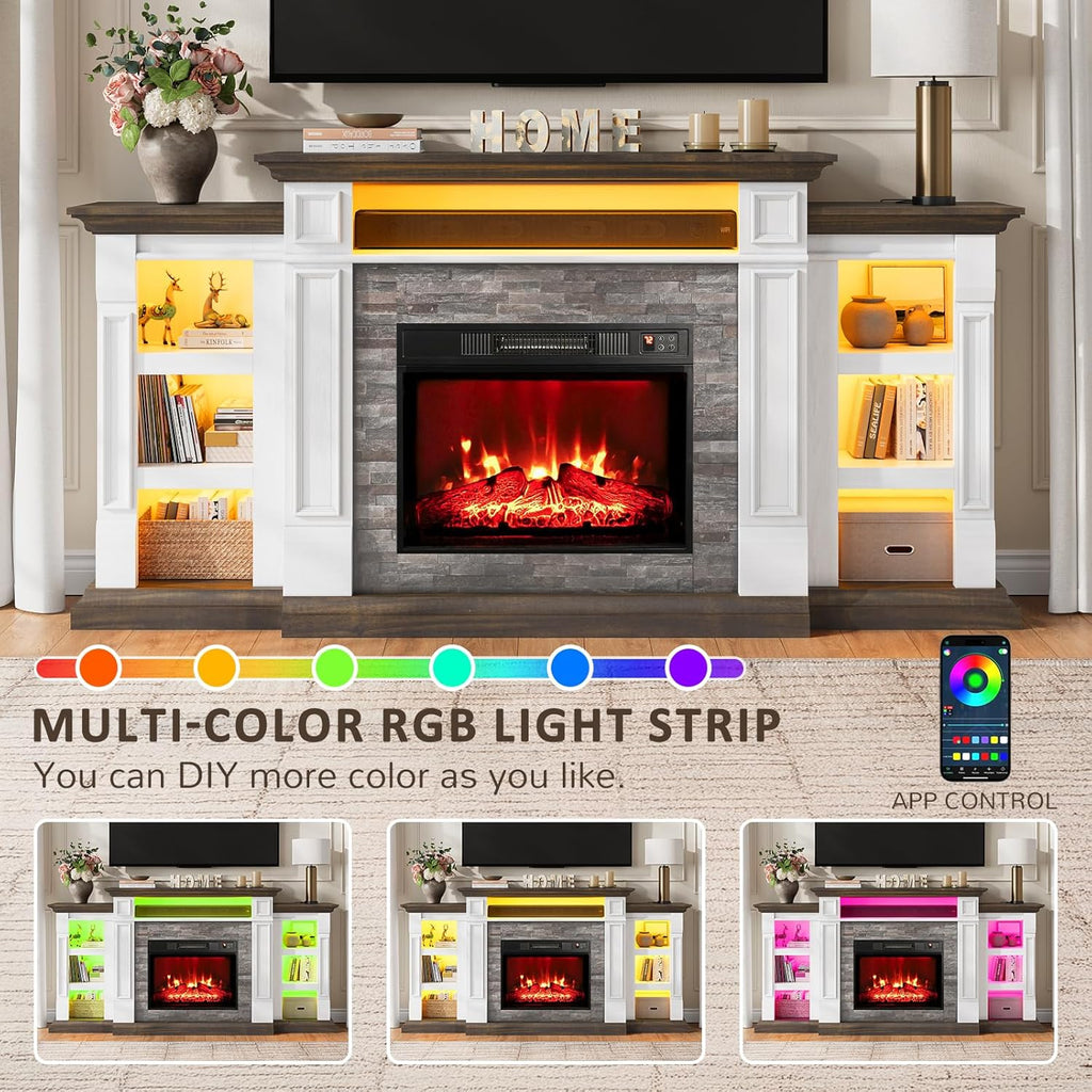 Naice 72" Electric Fireplace with Mantel and Cabinets, Fireplace TV Stand for Living Room Bedroom, LED Light & Power Outlet, 23in Realistic Flame Fireplace and Stacked Stone Surround, Brown