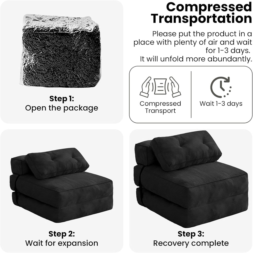tantohom Folding Sofa Bed, Convertible Sleeper Chair with Pillow Foldable Mattress with Back Support,Space-Saving Sofa for Living Room,Bedroom (Black)