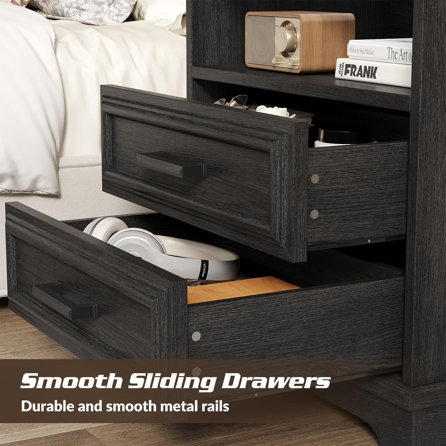 24 Inch Wide Farmhouse Nightstands Set of 2 with Charging Station, Dark Gray Nightstand with 2 Large Drawers, Rustic Wood End Table for Bedroom