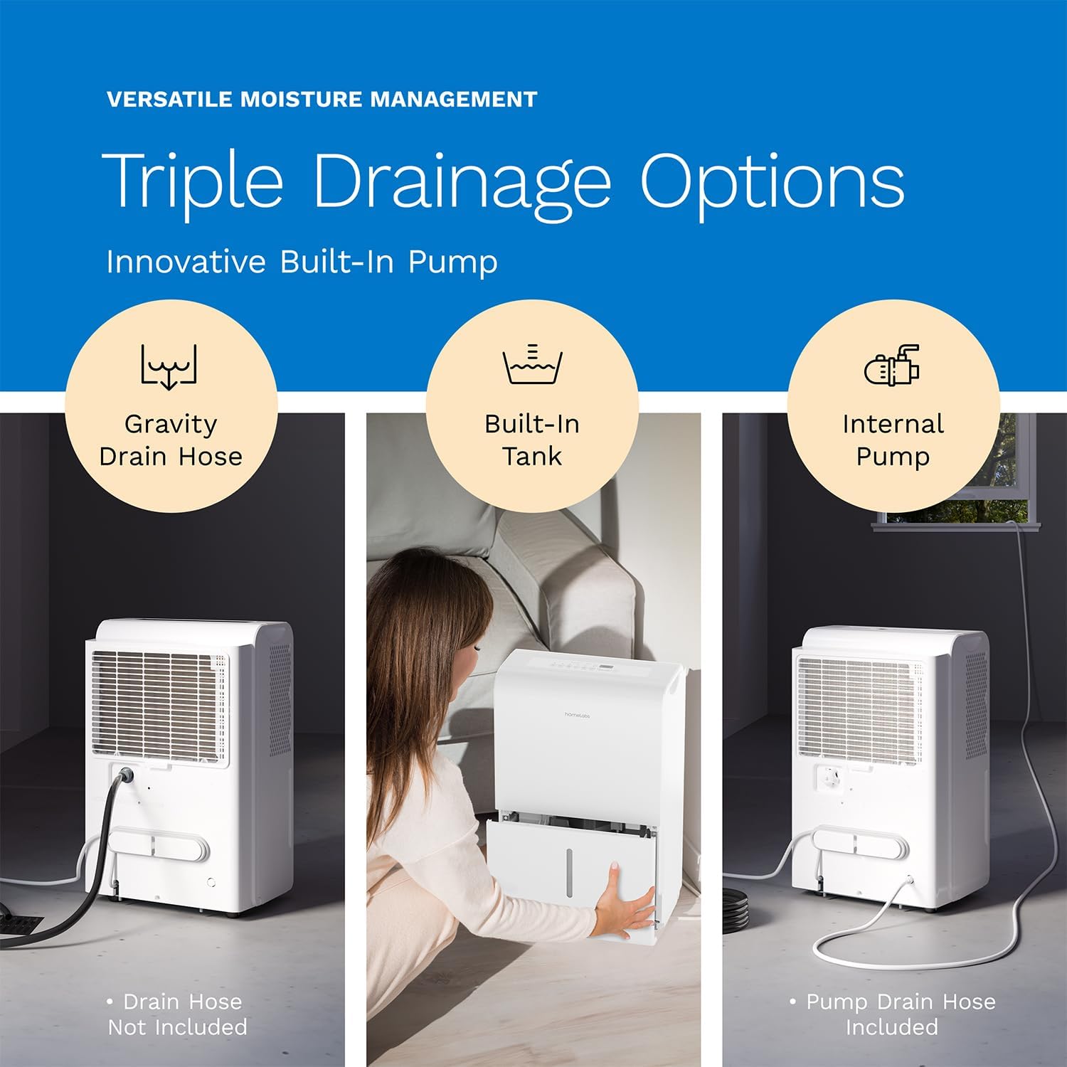 hOmeLabs Dehumidifier for Home, Office, Basements with Powerful Moisture Removal, Humidity Control, Auto Shut-off, Quiet Operation - 7,500 Sq Ft Wi-Fi with Pump (50 Pint MAX 120 Pint at 95°F, 90% RH)