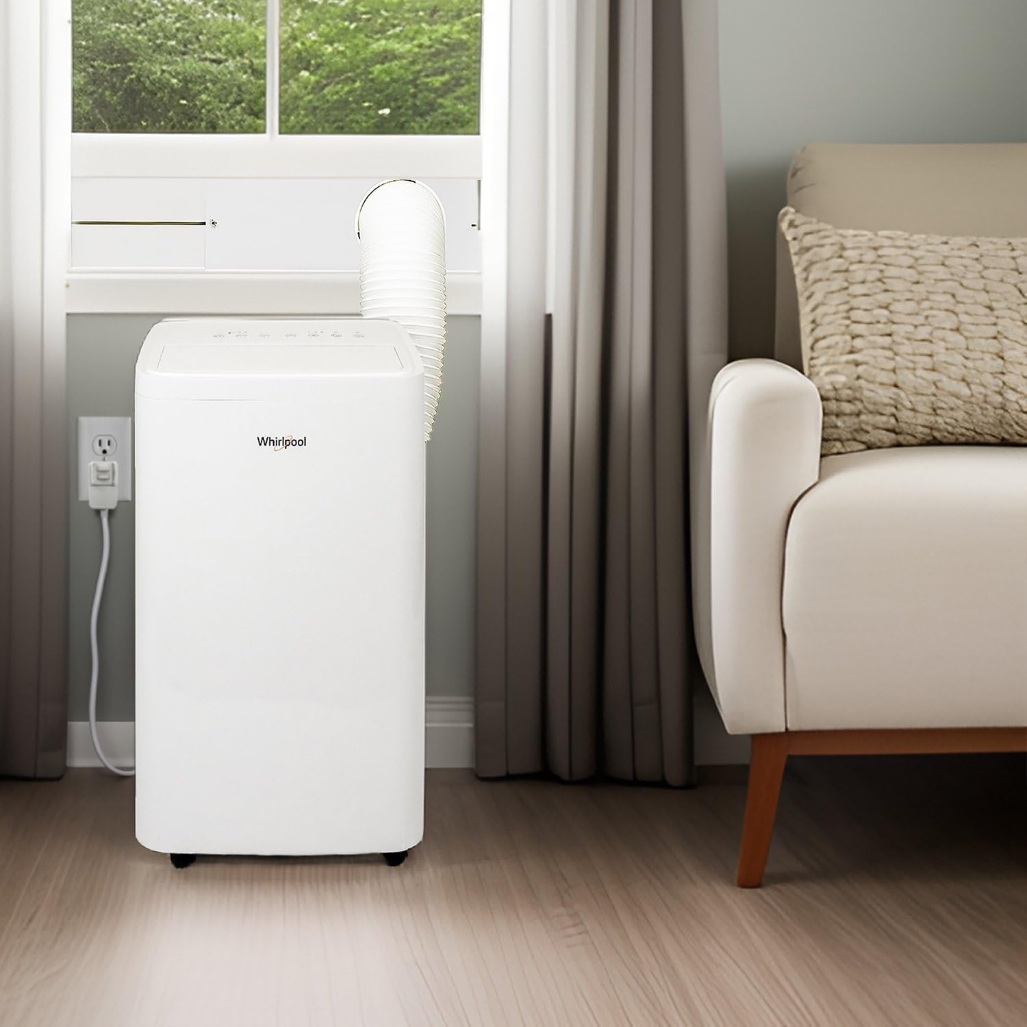 Whirlpool 12,000 BTU Portable Air Conditioner with Dehumidifier for Living Room, Apartment, or Bedroom, 115V, Portable AC for Medium Rooms up to 550 Square Feet with Remote, 3 Speeds, and Timer, White
