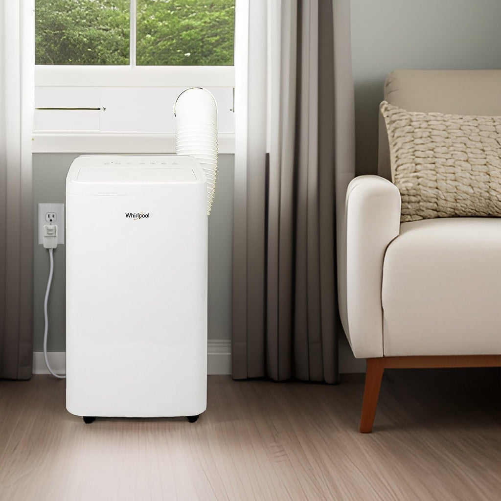 Whirlpool 14,000 BTU Portable Air Conditioner with Dehumidifier for Living Room, Apartment, or Bedroom, 115V, Portable AC for Large Rooms up to 700 Square Feet with Remote, 3 Speeds, and Timer, White