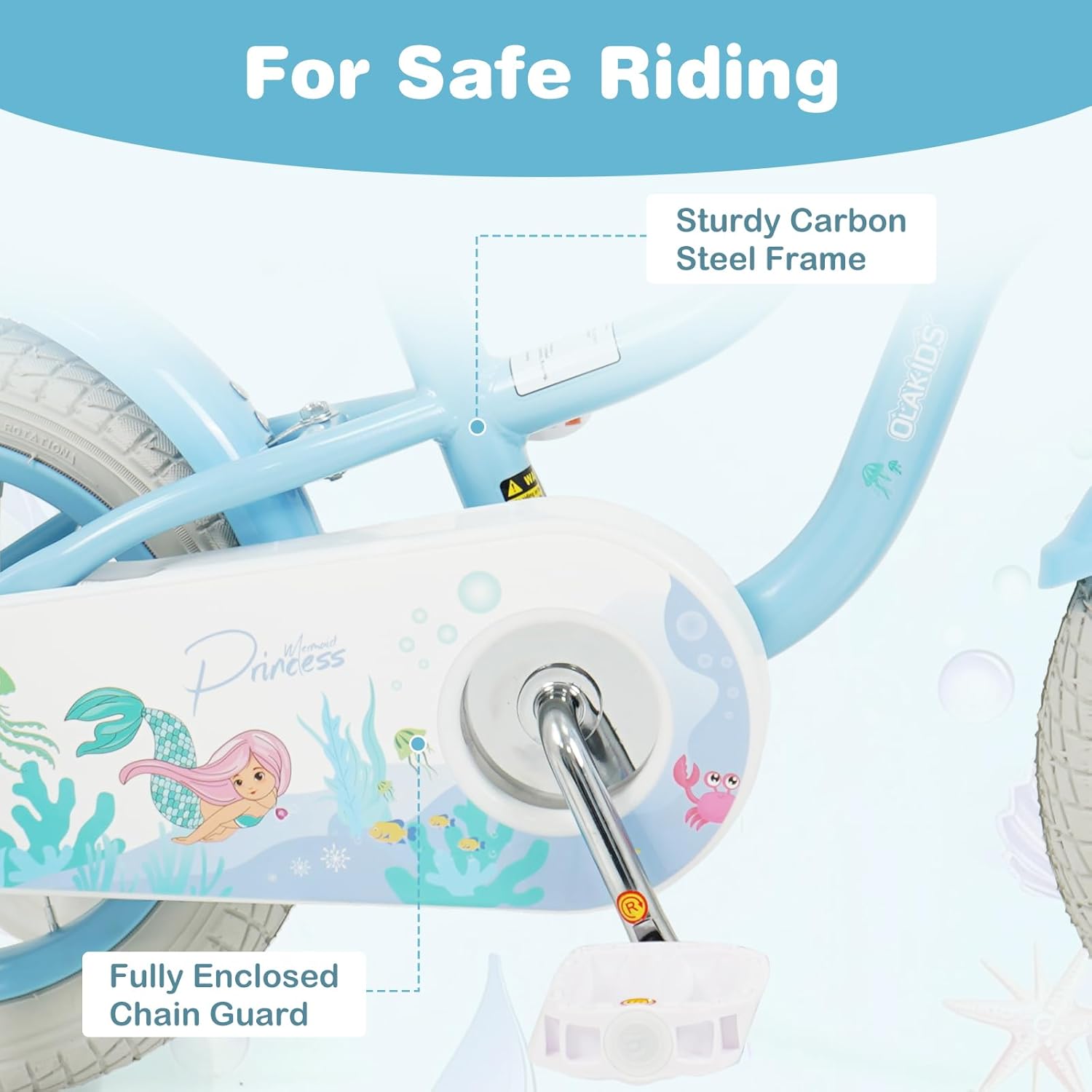Olakids Kids Bike, 12 14 16 18 20 Inch Mermaid Theme Girls Bicycle with Training Wheels Basket Adjustable Seat and Handlebar Dual Brake