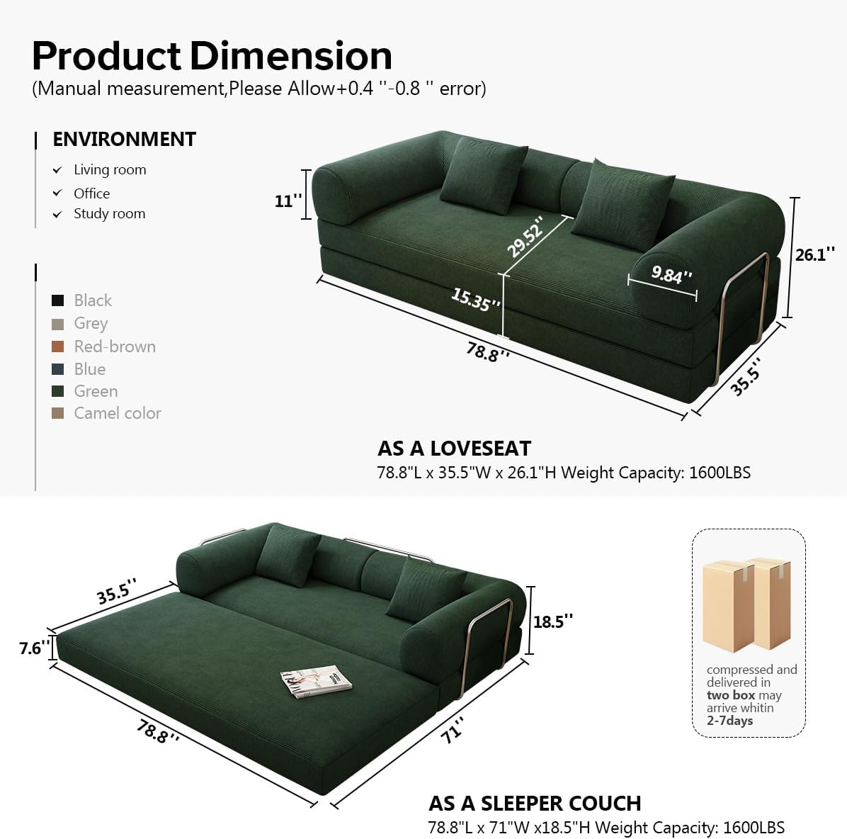 78.8" Modular Sofa Bed - 4-in-1 Convertible Design with Corduroy Fabric and High Density Sponge, Removable Cover and Fixed Frame
