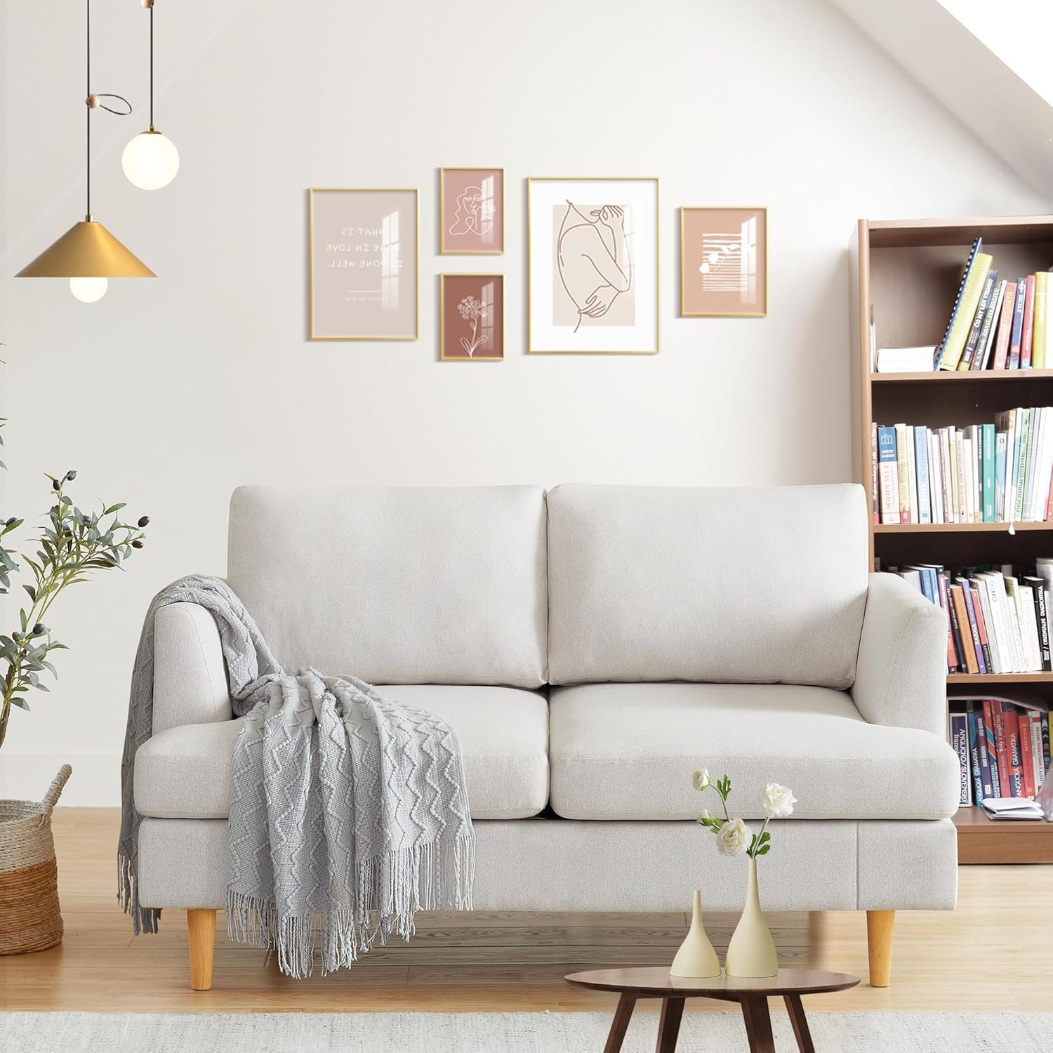 Loveseat Sofa 56", Couches for Spaces, Mid Century Love Seat Couches for Living Room, Upholstered 2-Seater Couch for Bedroom, Waiting Room, Beige