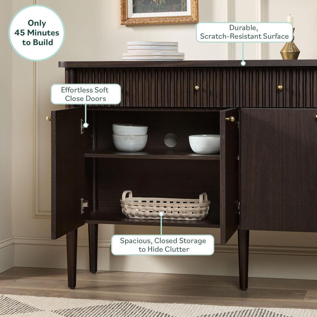 Walker Edison Samantha Modern Fluted Wood Buffet Sideboard with Storage 58 Inch, Dark Brown Oak