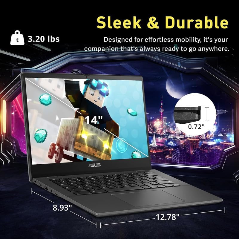 ASUS Chromebook Laptop Student Business 2024  14" FHD Anti-Glare Display  8-Core MediaTek Kompanio 520  4GB RAM  128GB (64GB eMMC+64GB Card)  Webcam  WiFi  15+ Hrs Battery  Chrome OS +HubxcelAccessory
