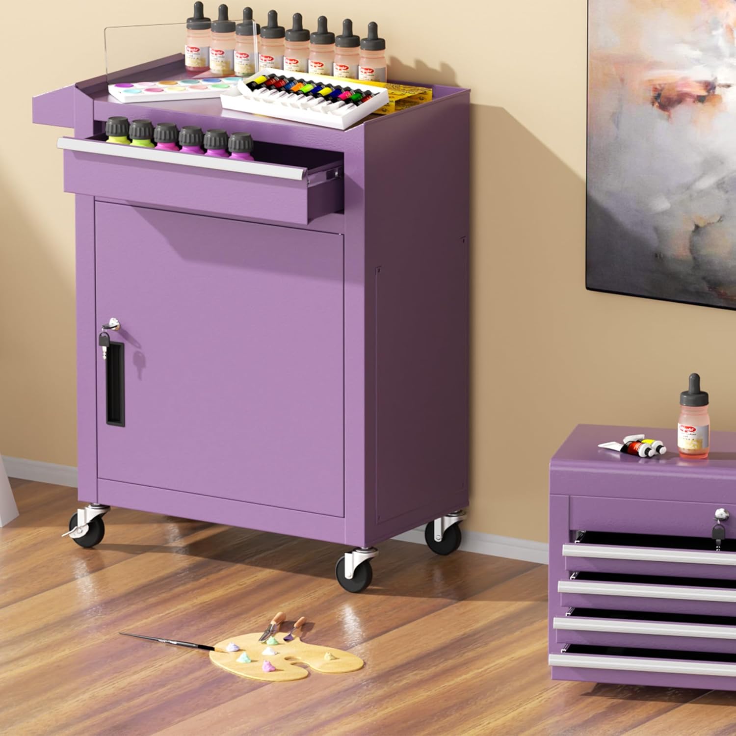 Greenvelly Tool Chest, 5-Drawer Rolling Tool Chest with Hooks and Lockable Wheels, Detachable Top Tool Box, Toolbox with Wheels, Rolling Tool Box for Mechanics Garage Workshop and Tool Room (Purple)