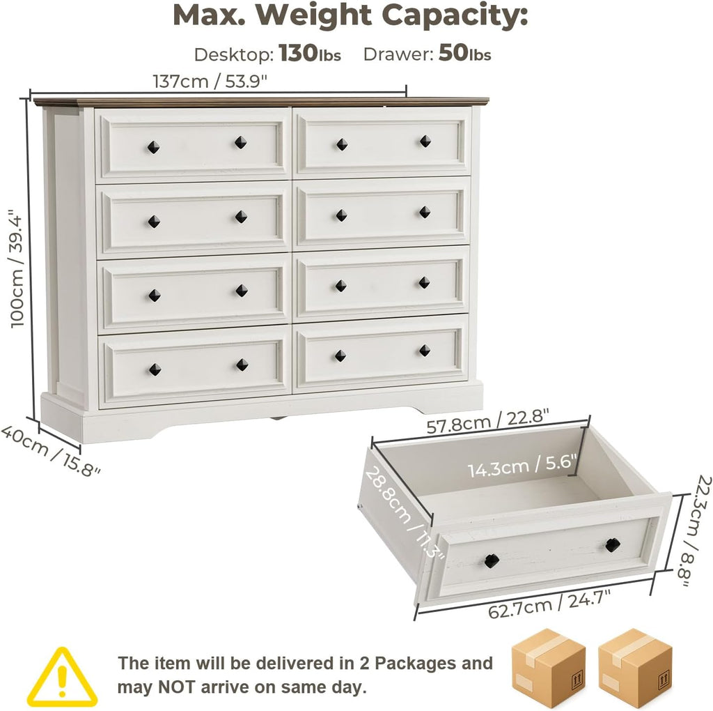 Farmhouse 8 Drawer Dresser for Bedroom, 54" Wide Wood Dresser with Natural Texture, Vintage Metal Double Hand Knobs, Rustic Chest of Drawers for Bedroom, Living Room, Hallway, Antique White