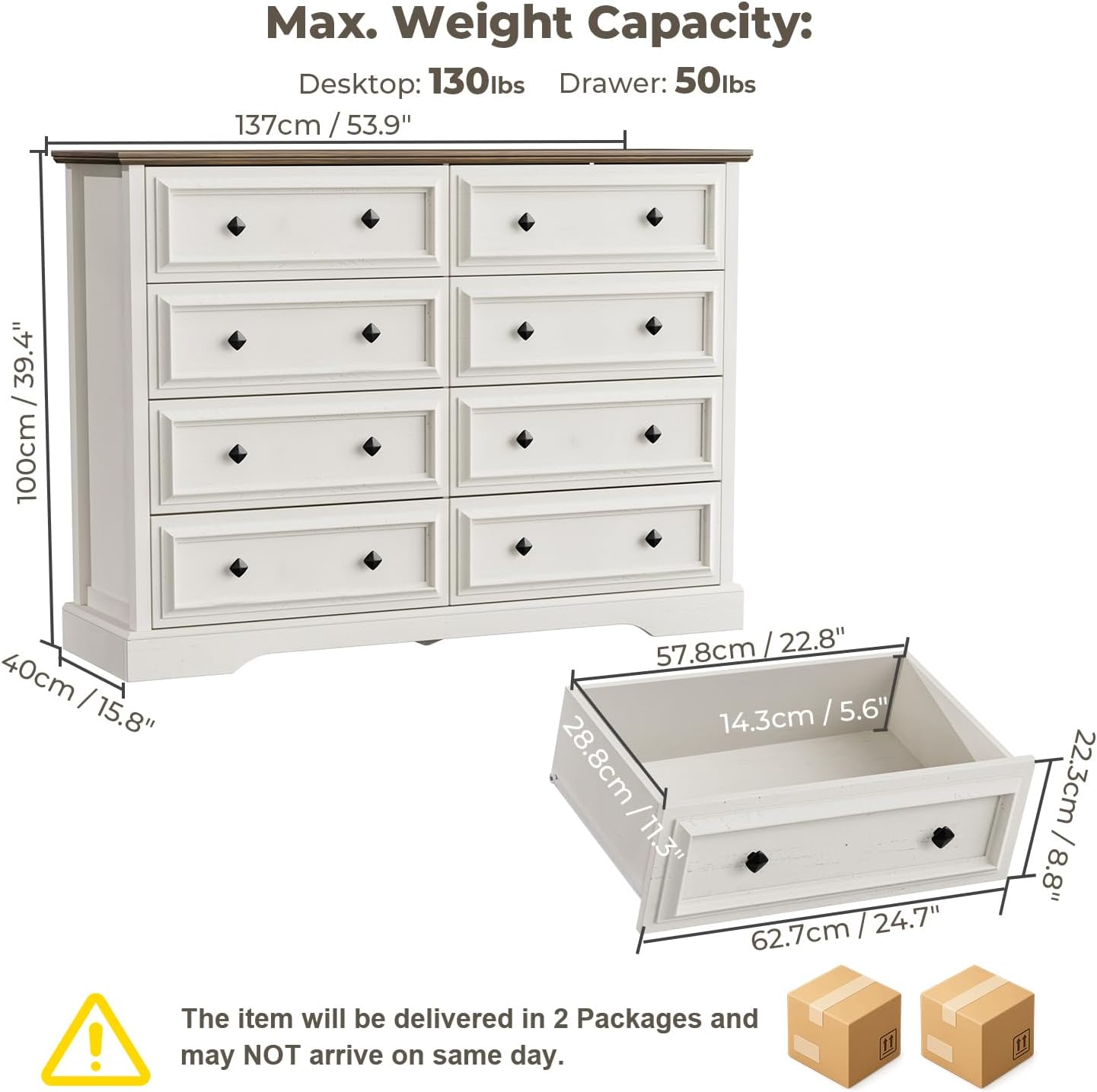 Farmhouse 8 Drawer Dresser for Bedroom, 54" Wide Wood Dresser with Natural Texture, Vintage Metal Double Hand Knobs, Rustic Chest of Drawers for Bedroom, Living Room, Hallway, Antique White