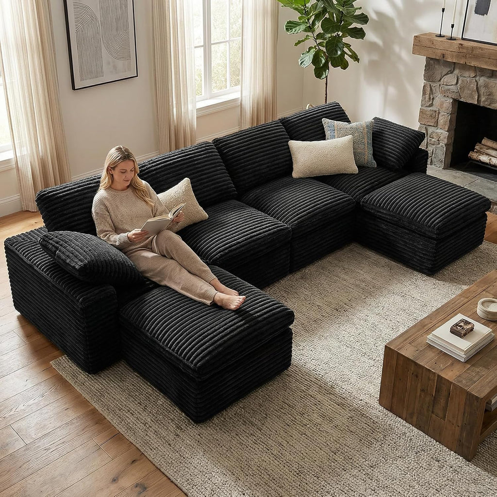 KKL 150" U Shaped Sectional Modular Boneless Sofa, 6 Seater Cloud Couch with Ottoman, Corduroy Sectional Couches for Living Room Bedroom, Black
