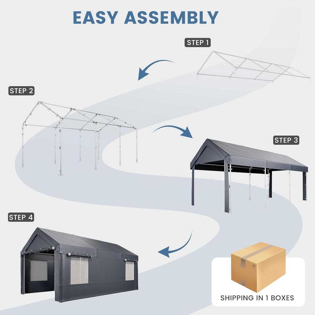 EROMMY Carport, 10x20 Ft Heavy Duty Carport with Roll-up Windows，Portable Garage with Removable Sidewalls, Car Canopy with All-Season Tarp and Sandbags for Truck, Tractor, Boat, Grey