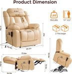 Power Lift Recliner Chair with 8-Point Massage & Heat, Dual Remote, USB/Type-C Ports, Easy-Clean Leather, Width 19.7" (Leather, Beige)