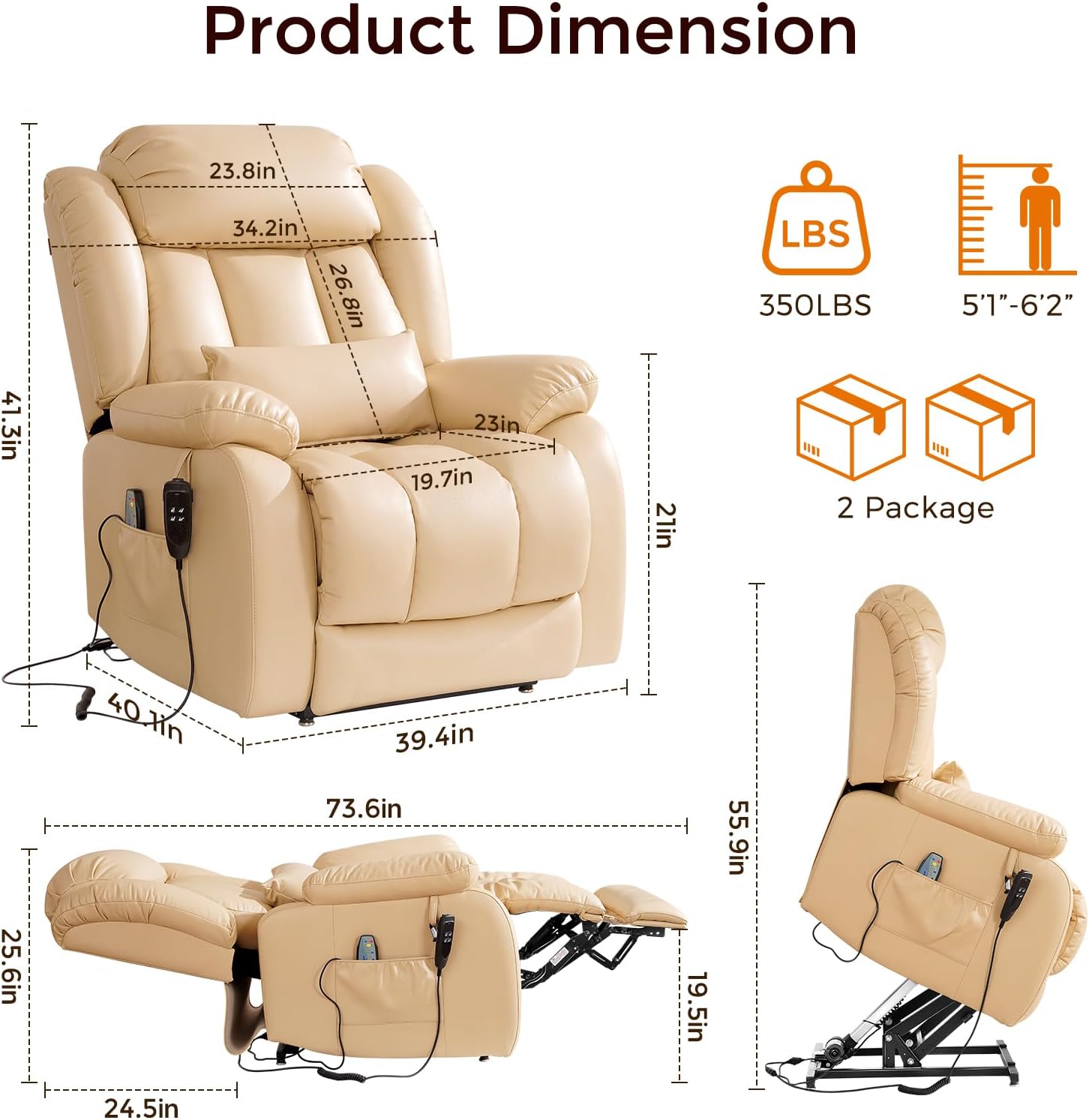 Power Lift Recliner Chair with 8-Point Massage & Heat, Dual Remote, USB/Type-C Ports, Easy-Clean Leather, Width 19.7" (Leather, Beige)
