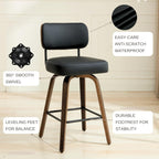 Swivel Bar Stools Set of 3, 26" Upholstered Counter Height Bar Stools with Back and Walnut Wood Legs, Faux Leather Barstools for Kitchen Counter, Black
