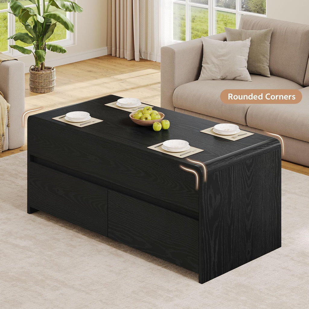 Coffee Table Lift Top with 2 Drawers, 40 Inch Multi-Function Coffee Table with Hidden Compartment, Curved Profile Design, Converts to Home Office Table for Living Room, Black