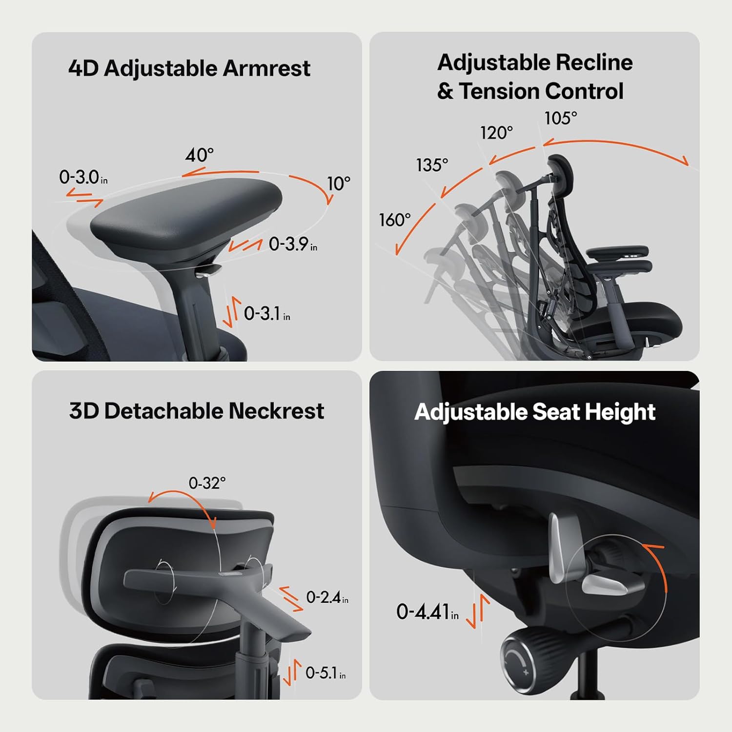 LiberNovo Dynamic Ergonomic Office Chair - Comfy Adjustable Desk Chair with Adaptive Lumbar Support, 160° Recline & Built-in Spine Stretch for Back Comfort, Home Office Long Hours Use, Gray+48cm