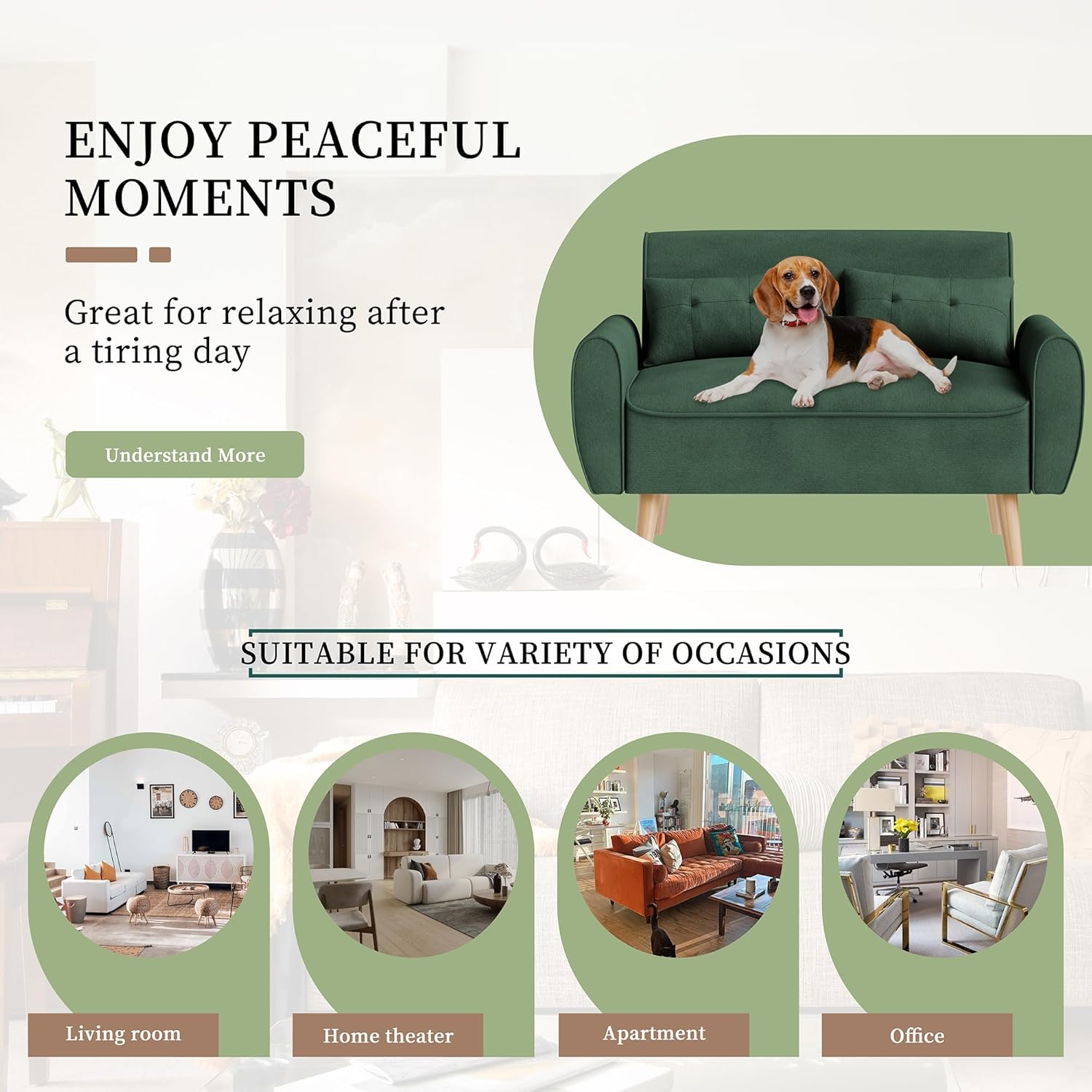 Vongrasig 47" Small Modern Loveseat Sofa, Mid Century Linen Fabric 2-Seat Sofa Couch Tufted Love Seat with Back Cushions and Tapered Legs for Living Room, Bedroom and Small Space (Green)