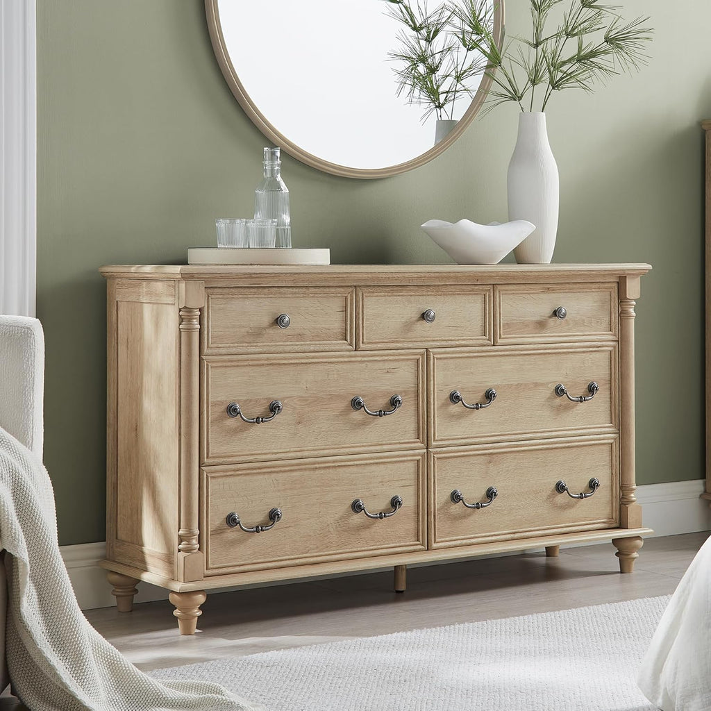 T4TREAM Farmhouse 7 Drawers Dresser Chests for Bedroom with 4 Solid Wood Feet, Tall Wide Wood Country Rustic Chest of Drawers, Storage Dressers for Bedroom, Living Room,Natural Oak