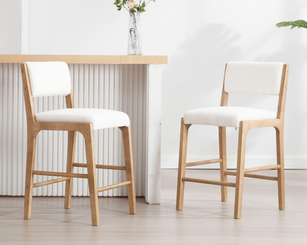 HNY 26.5'' Modern Counter Stools with Backs Counter Height Barstools Set of 2, White Sherpa Boucle Upholstered Bar Height Chairs with Wood Frame Wooden Island Stools for Kitchen Counter/Pub