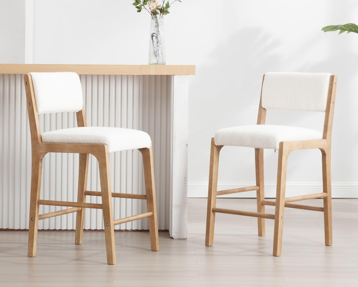 HNY 26.5'' Modern Counter Stools with Backs Counter Height Barstools Set of 2, White Sherpa Boucle Upholstered Bar Height Chairs with Wood Frame Wooden Island Stools for Kitchen Counter/Pub