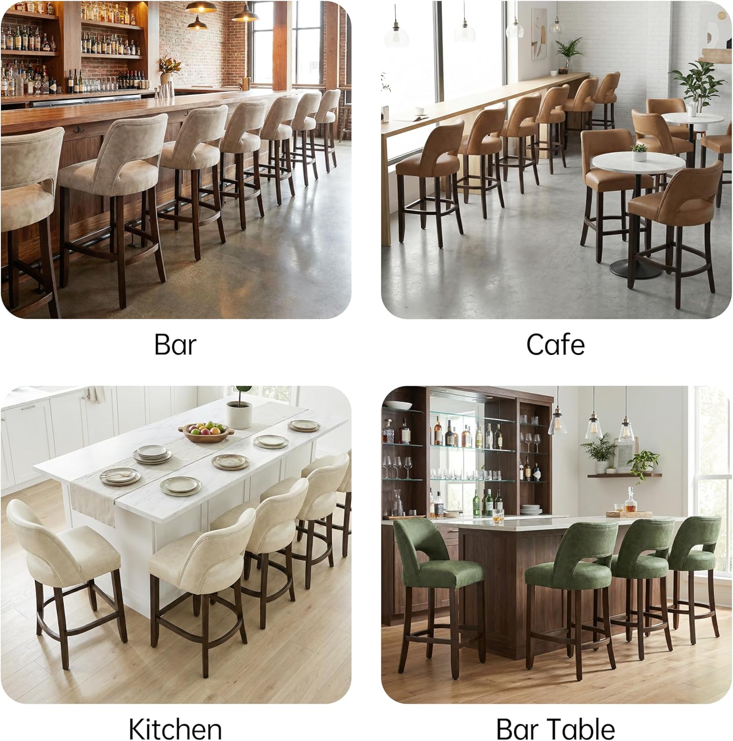 VKNOW 26" Bar Stools Set of 2, Faux Leather Counter Height Bar Stools with Backrest and Rubberwood Legs, Upholstered Barstools for Kitchen Island, Bar and Dining Room, Taupe