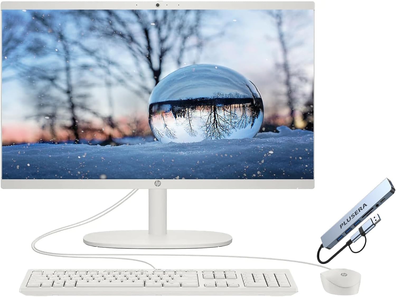 HP 21.5" FHD All-in-One Desktop Computer  32GB RAM 128GB UFS  Quad-Core Intel N100  Windows 11  Keyboard & Mouse  PLUSERA 8-in-1 Hub Included  Cashmere White