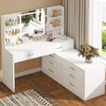 Quimoo Vanity Desk with LED Lighted Mirror & Power Outlet, Modern Corner Makeup Vanity Table with 8 Drawers & Open Shelves, Dressing Table for Bedroom, Makeup Room, White