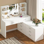 Quimoo Vanity Desk with LED Lighted Mirror & Power Outlet, Modern Corner Makeup Vanity Table with 8 Drawers & Open Shelves, Dressing Table for Bedroom, Makeup Room, White