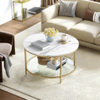YITAHOME White Marble Round Coffee Table with Glass for Living Room, 2-Tier Circle Coffee Table with Storage Clear Coffee Table, Simple Modern Center Cocktail Table, White & Gold