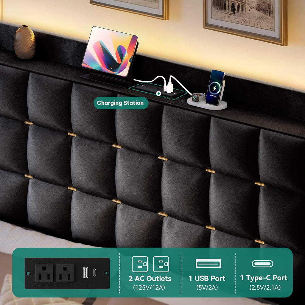YITAHOME Queen Size Bed Frame with 4 Drawers and RGB LED Lights, Velvet Upholstered Platform Bed with Charging Station and Storage Headboard, No Box Spring Needed, Easy Assembly, Black