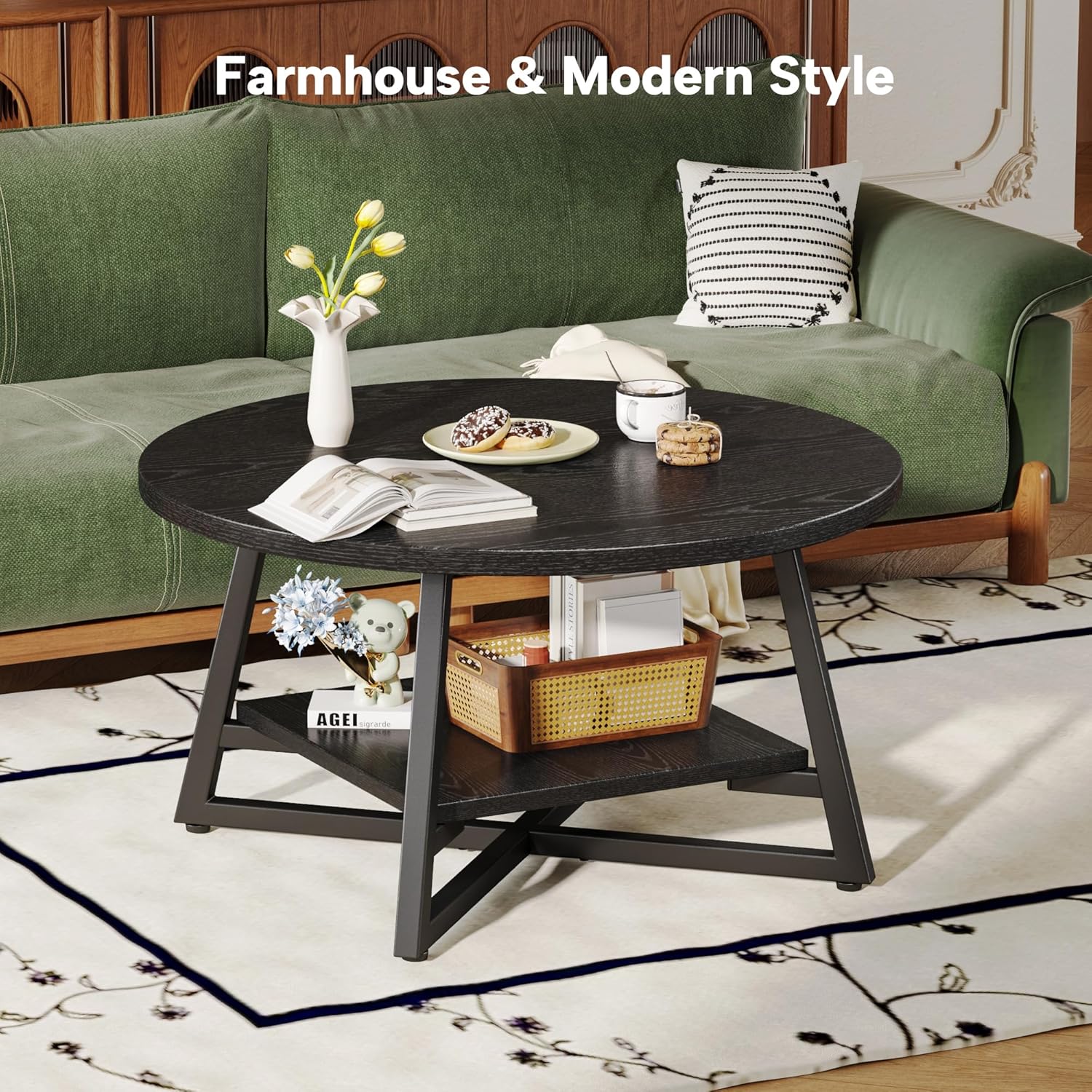 Coffee Table for Living Room, Round Coffee Table, Small Circle Coffee Table with Storage, Modern Wood Round Center Table for Home Office, Small Space, Easy Assembly, Black
