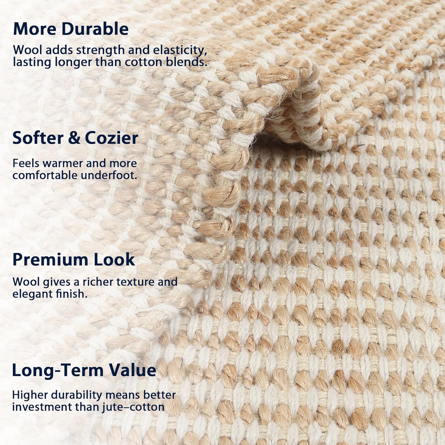9' x 12' Jute & Wool Mini Check Area Rug with 4-Inch Border Handwoven mini Check Pattern – Living Room, Dining & Bedroom Rug, Neutral Indoor Natural Farmhouse Décor (9' x 12')