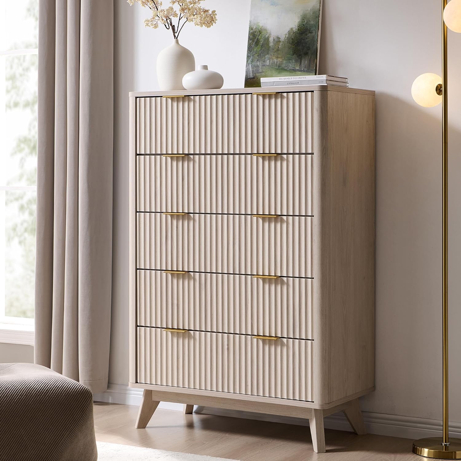 T4TREAM Fluted 5 Drawers Dresser, 48" Tall Modern Chest of Drawers, Curved Profile Design, Wood Drawer Organizer for Bedroom, Living Room, Hallway, Entryway, White Alder